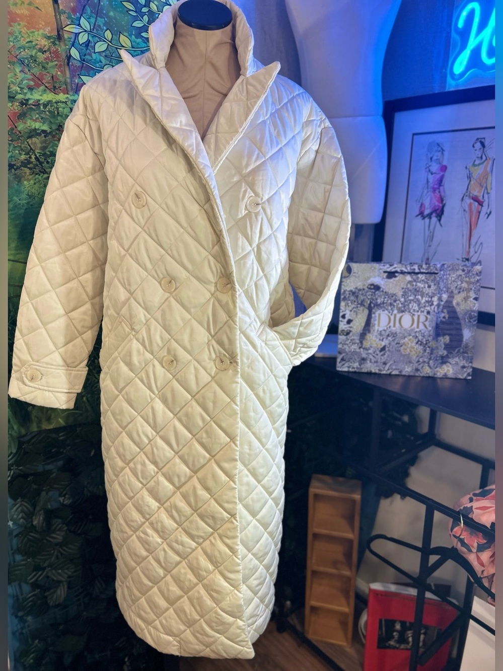 Rebecca Minkoff Ivory Quilted Long Puffer Coat with Pockets & Buttons Size M